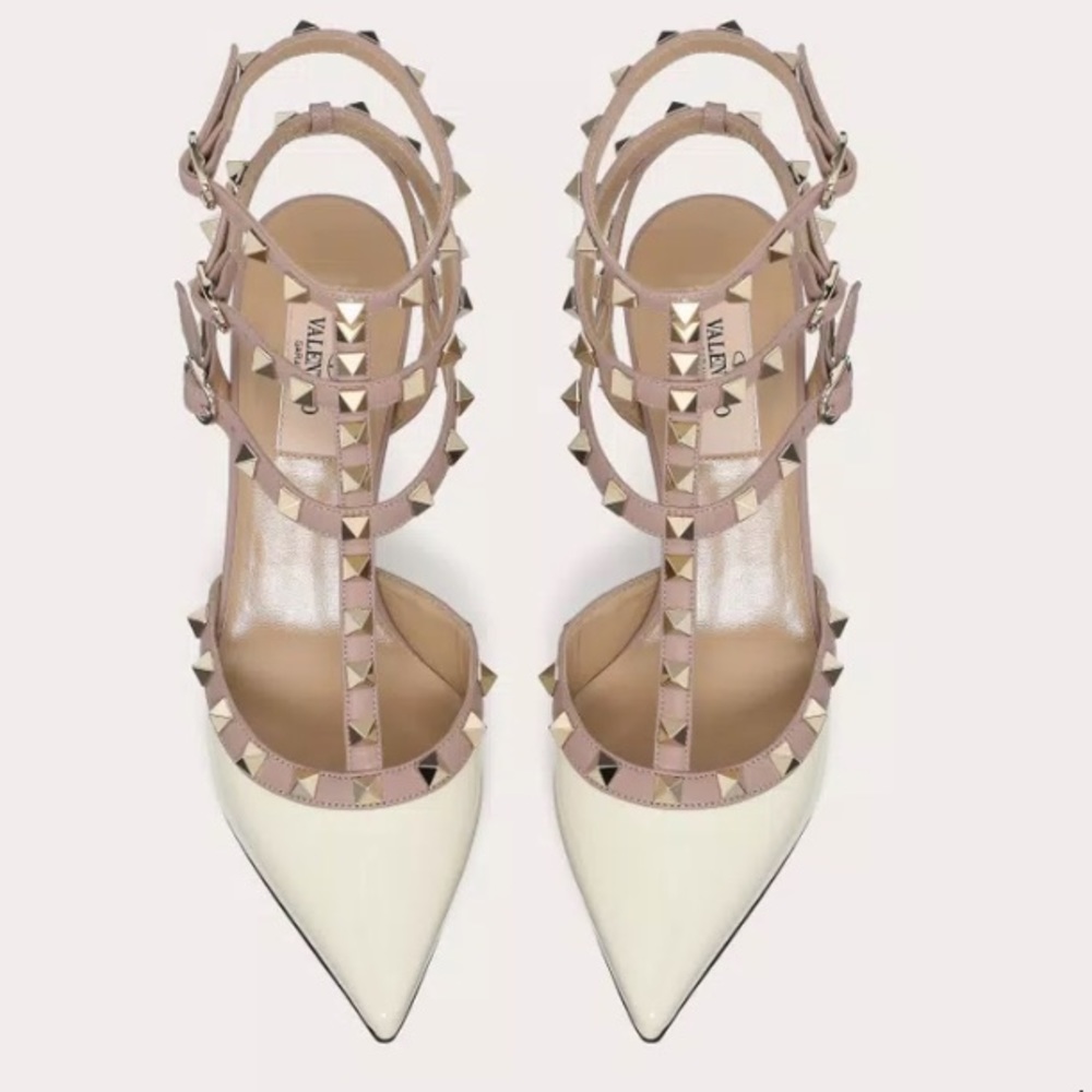 Valentino Garavani Rockstud caged pump ankle strap high heel leather shoes white